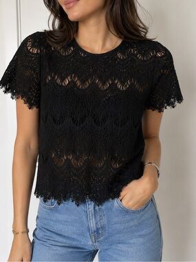 Alice + Olivia Black Lace Short-Sleeve Womens Top